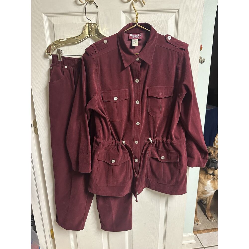 Denim & Co Red 2 Piece Microfiber / Velvet Leisure Jacket Pant Set Sz Med Suit
